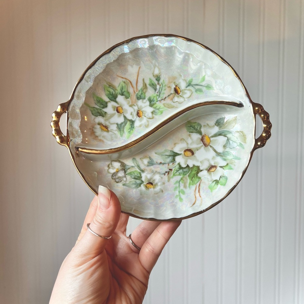 Floral Porcelain Divided Dish with Gold Trim